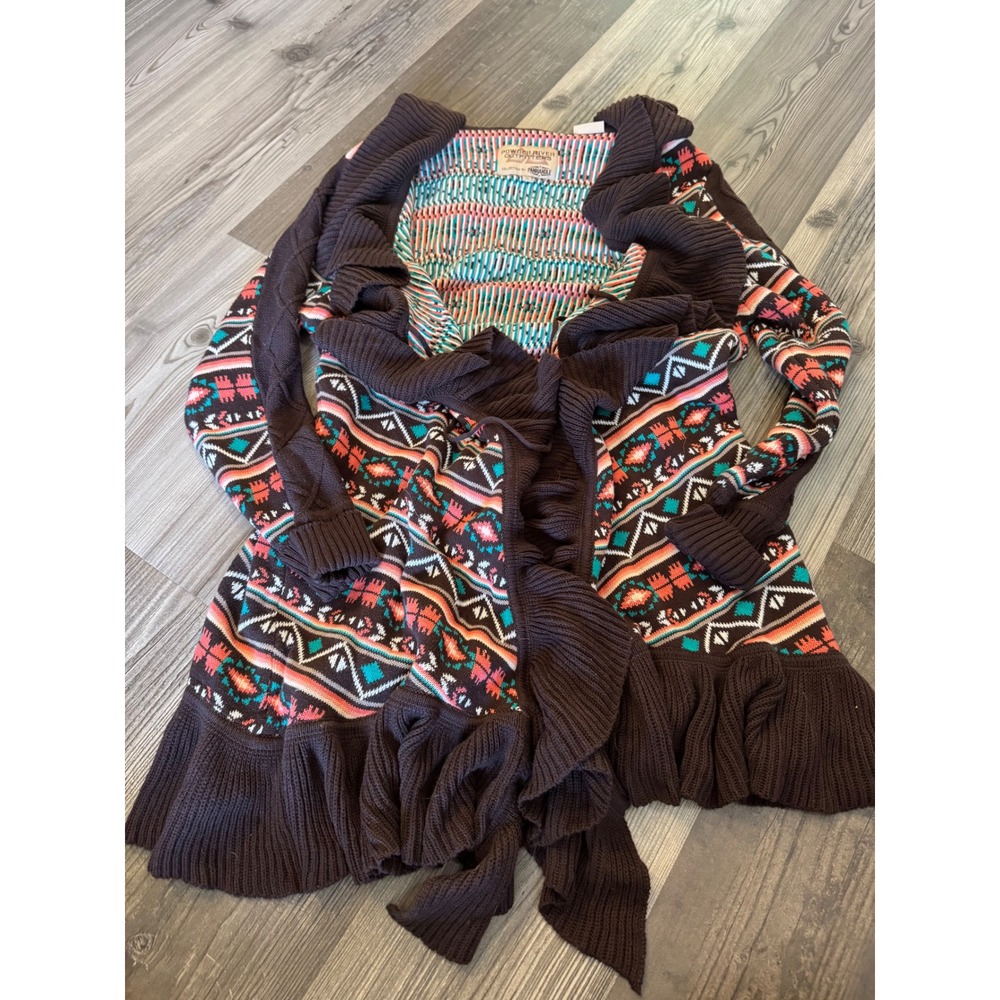 Powder River Outfitters Panhandle Southwestern Ruffle Open Cardigan Brown XL